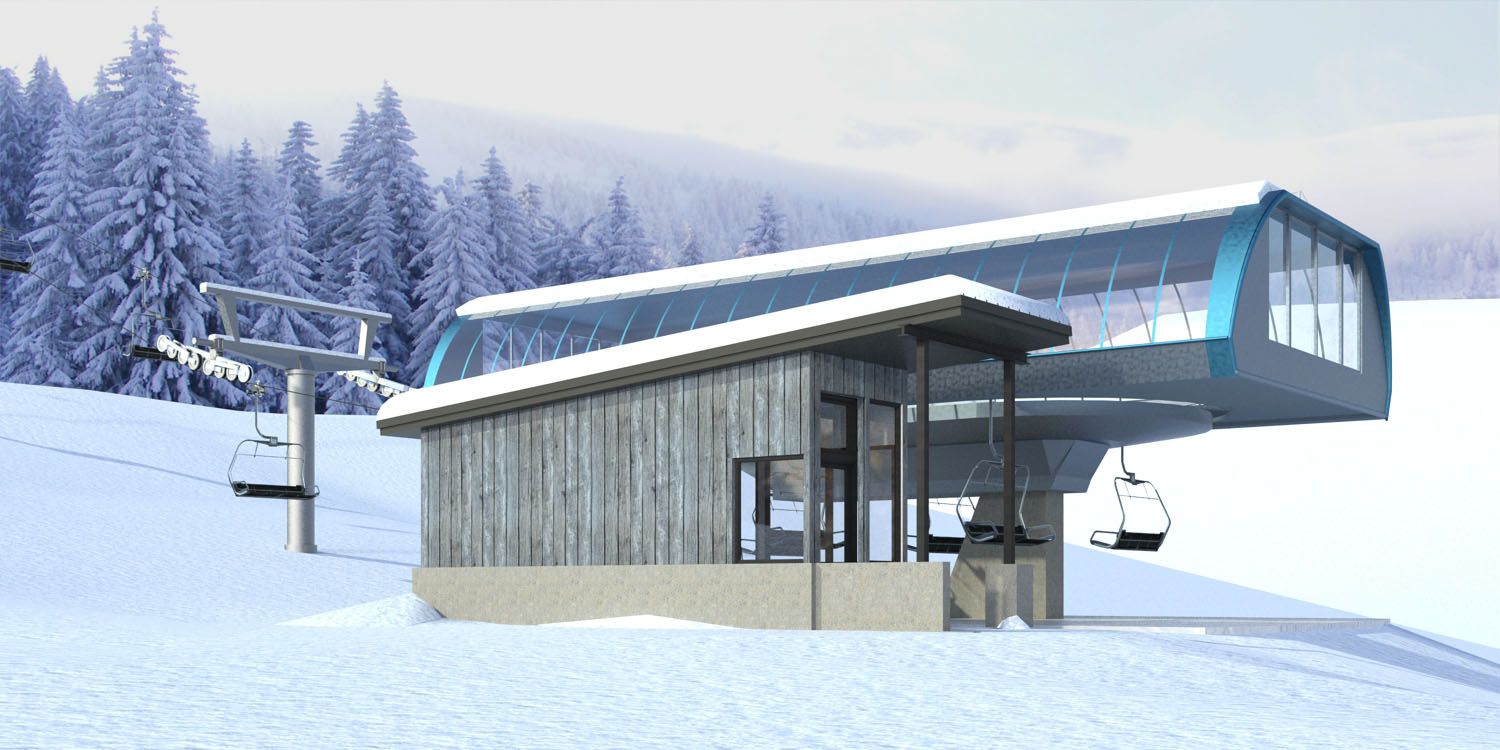 A ski lift is going up a snow covered mountain.