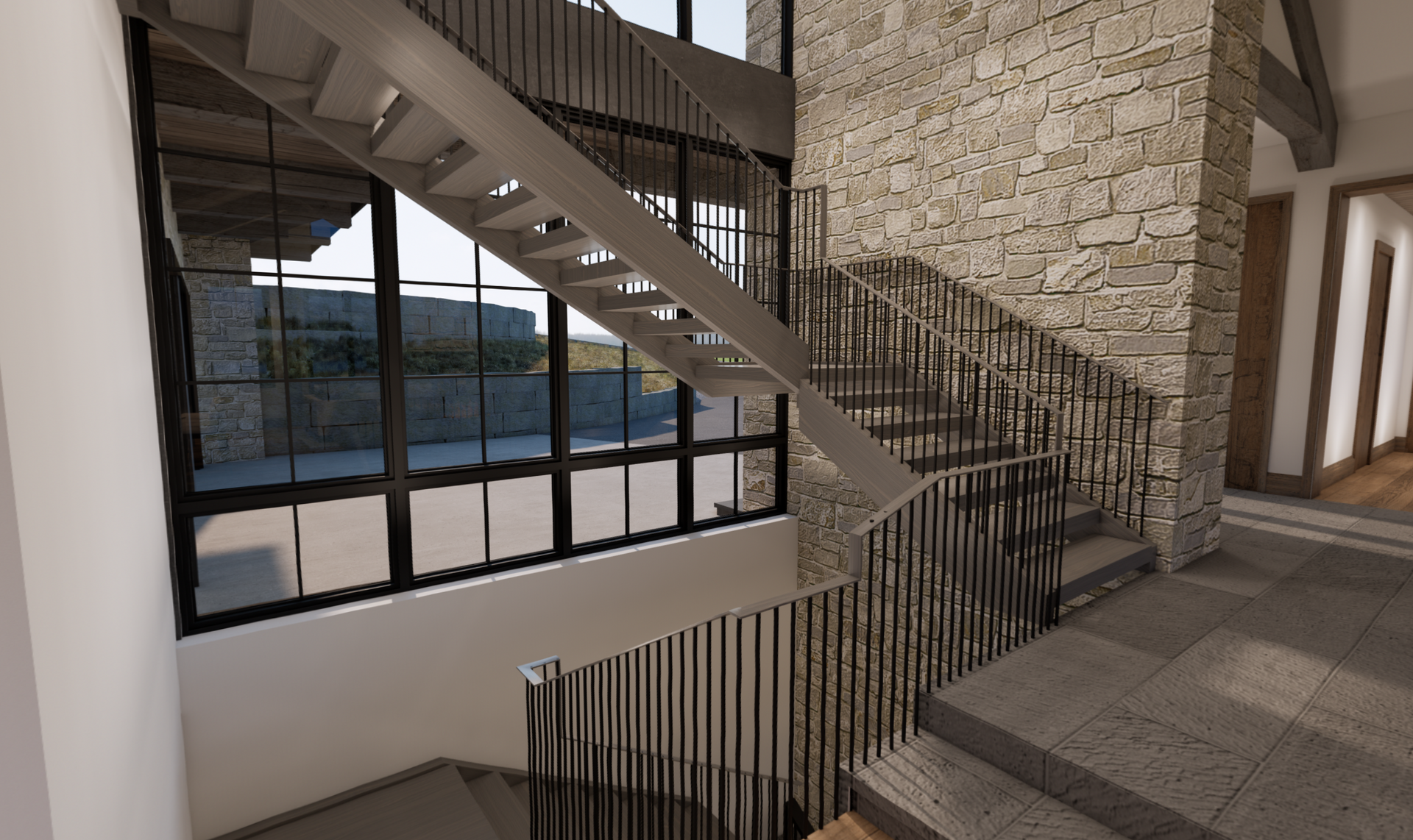 A computer generated image of a staircase in a building.