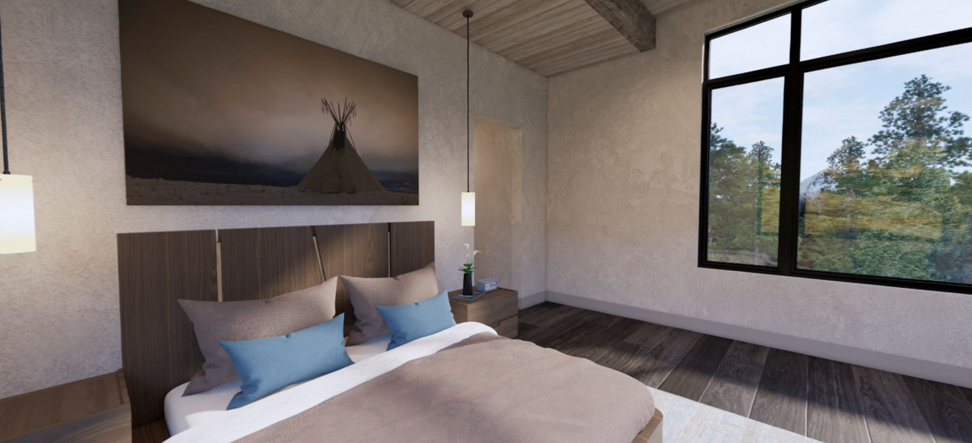 An artist 's impression of a bedroom with a large bed and a large window.