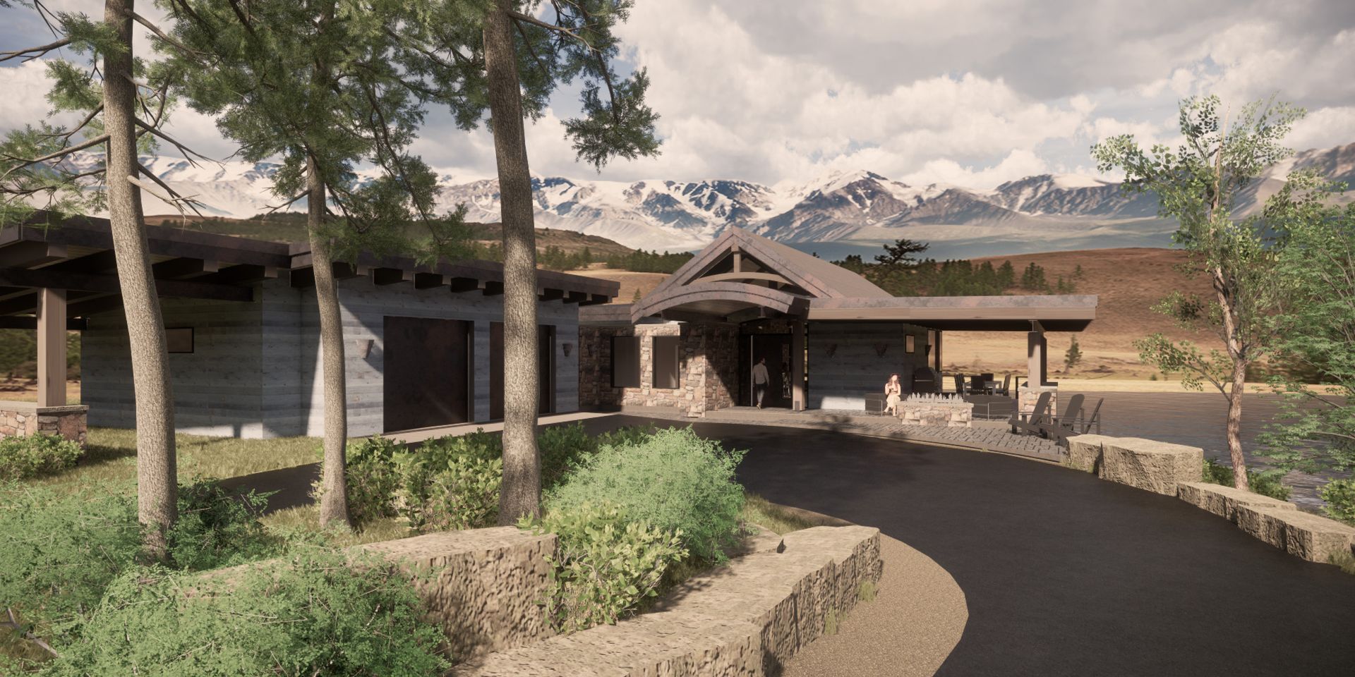 A computer generated image of a house with mountains in the background.