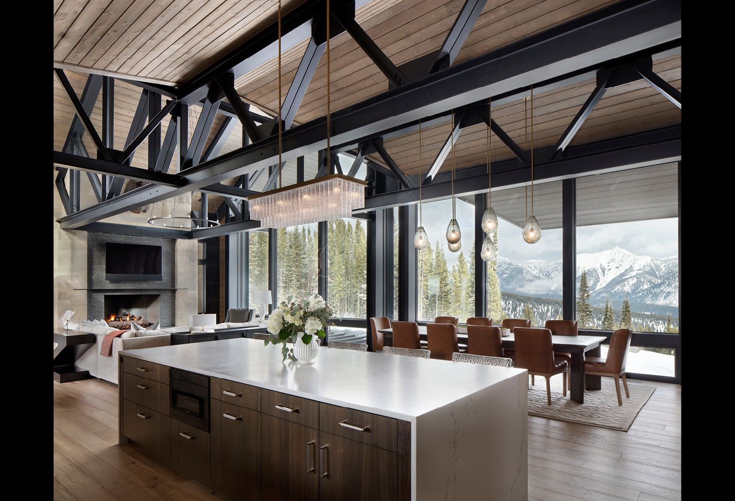 There is a large island in the middle of the kitchen.