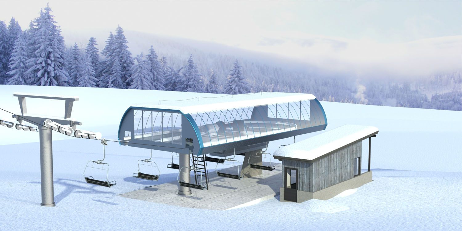 A ski lift is sitting on top of a snow covered mountain.