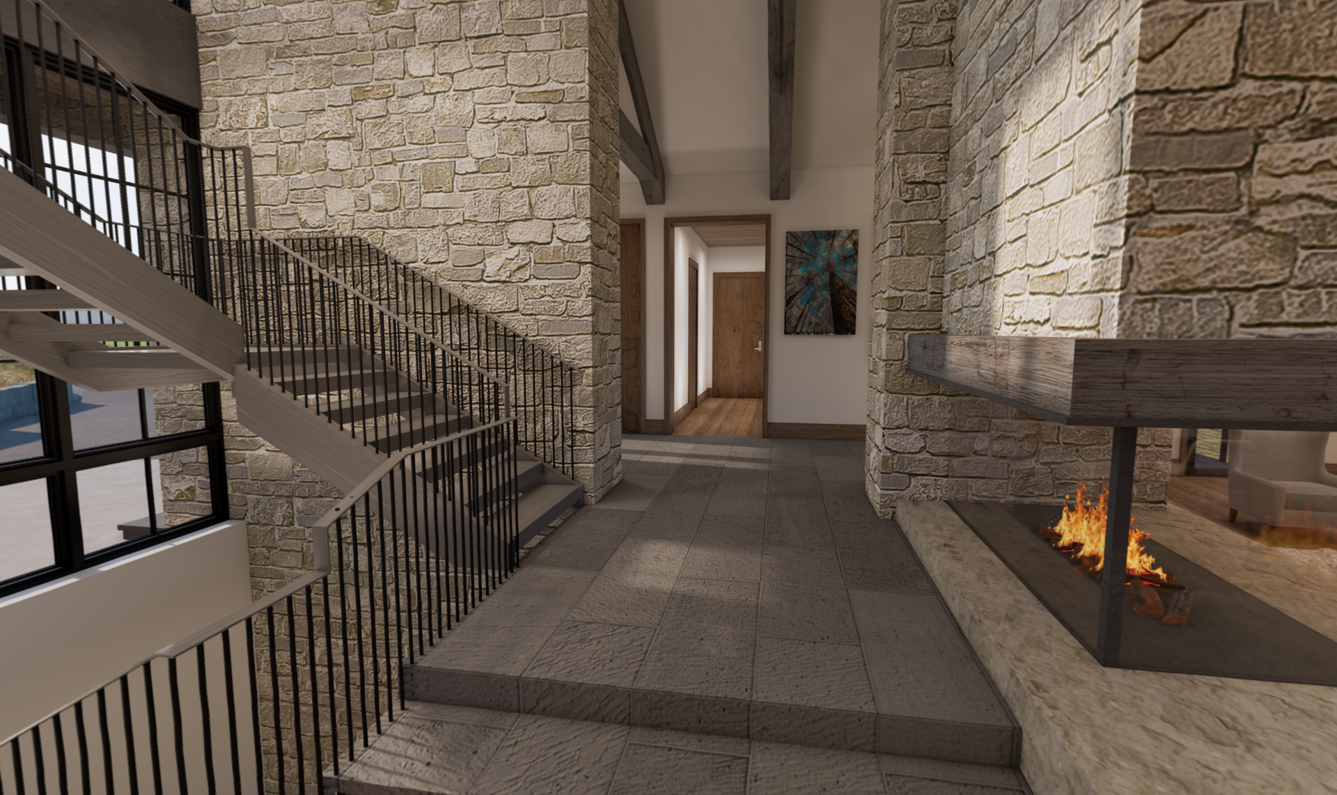 A hallway with stairs and a fireplace in a house.