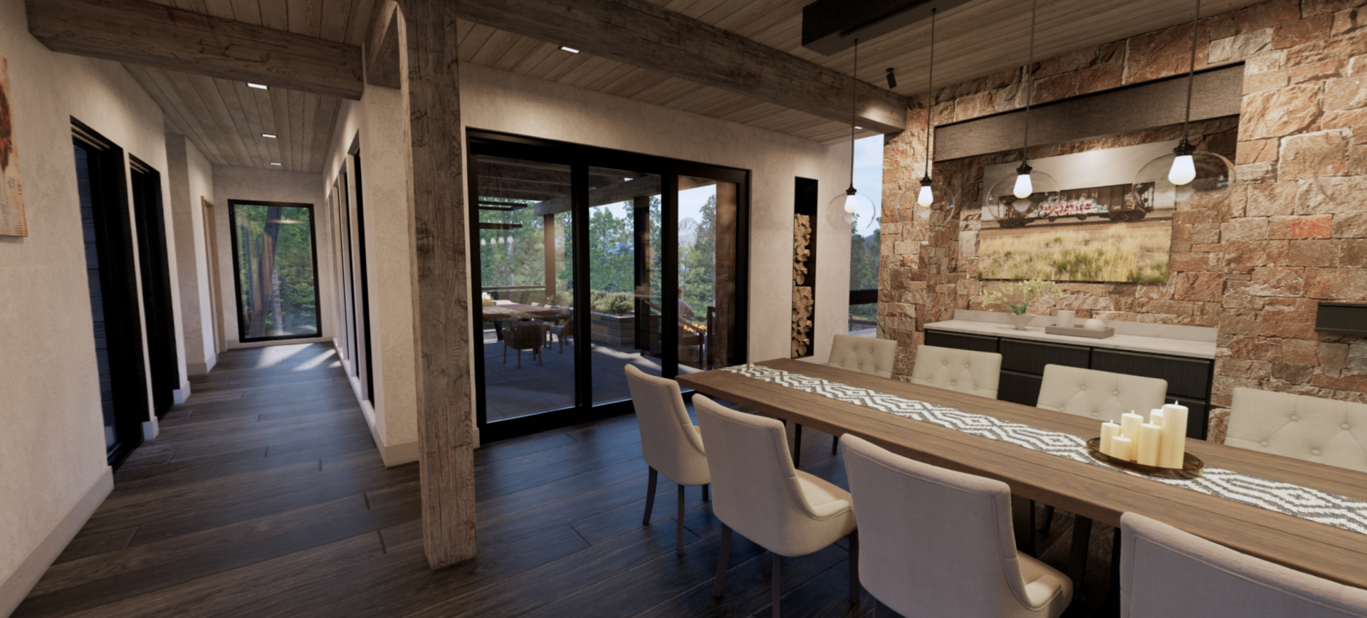 An artist 's impression of a dining room with a long table and chairs.