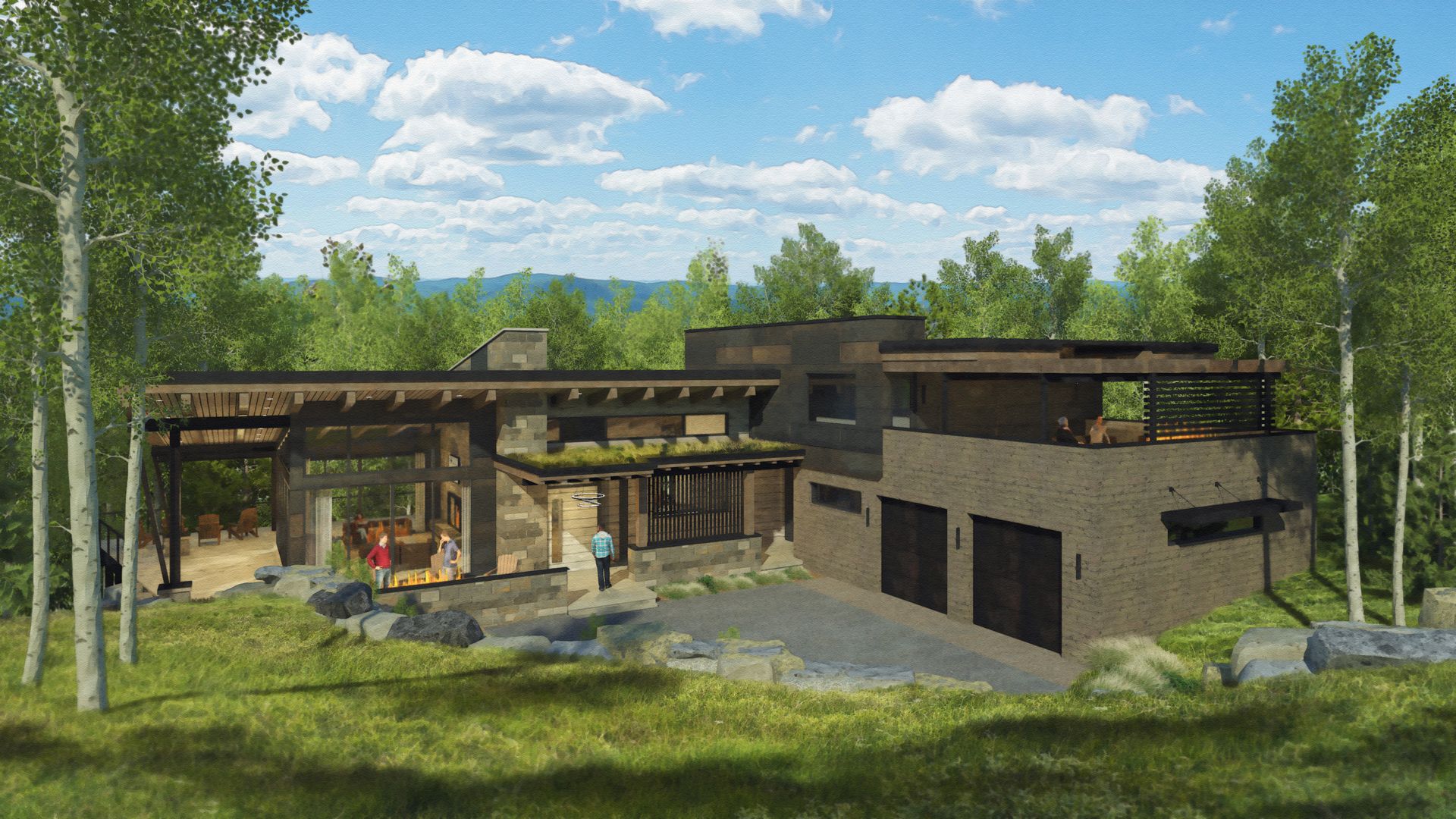A large house is sitting on top of a grassy hill surrounded by trees.