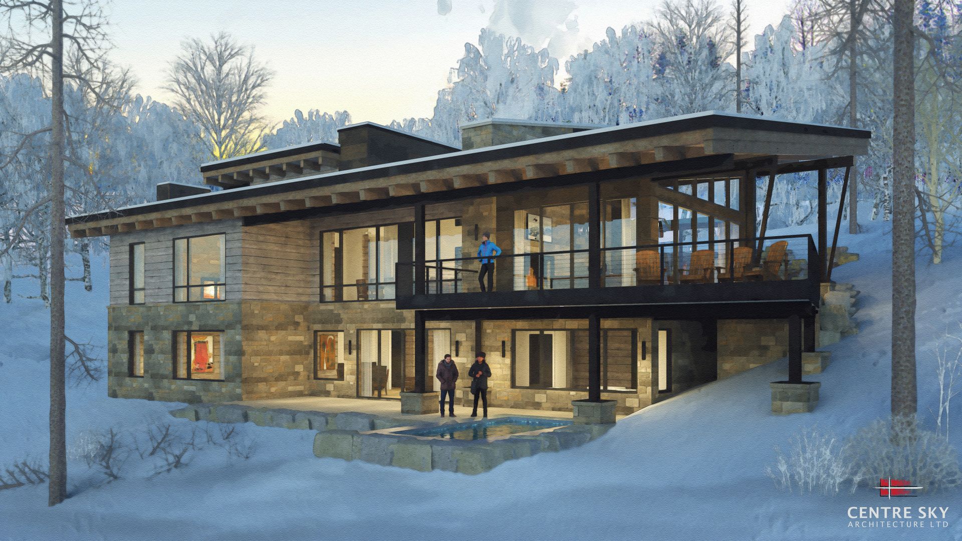 A couple of people standing in front of a house in the snow.