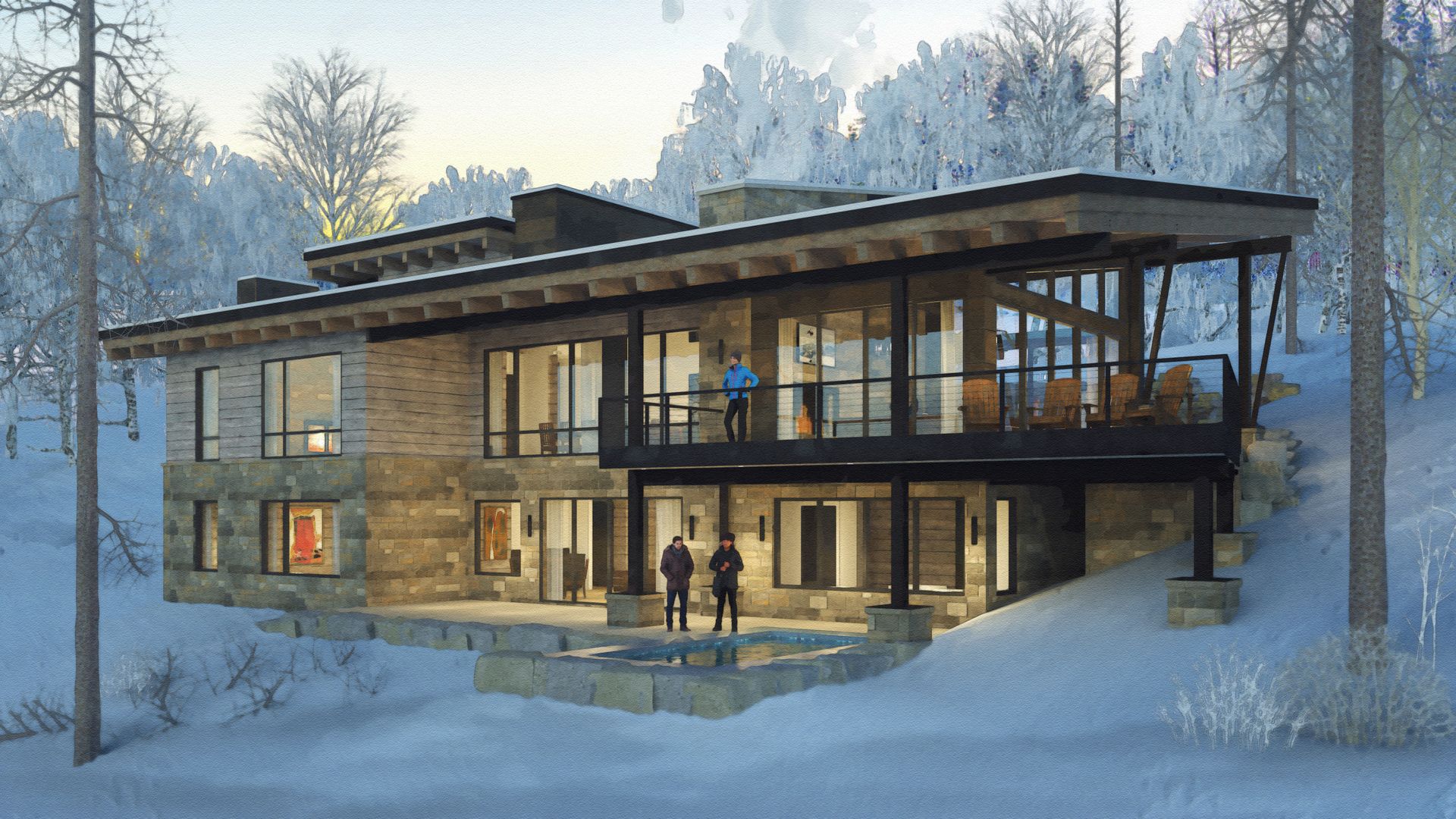 A large house is sitting on top of a snow covered hill.