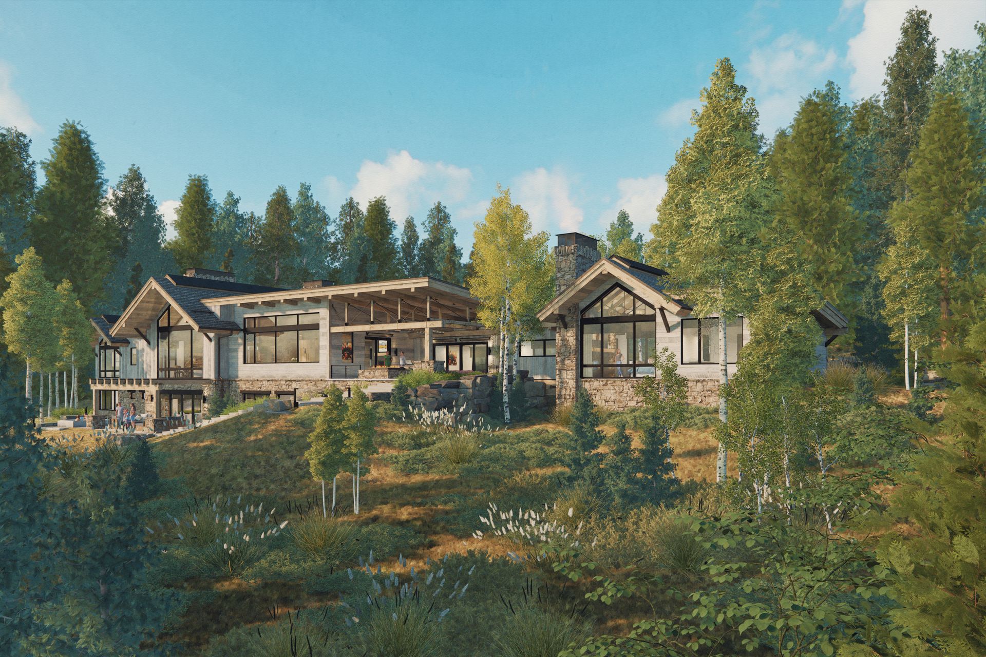 A large house is sitting on top of a hill surrounded by trees.