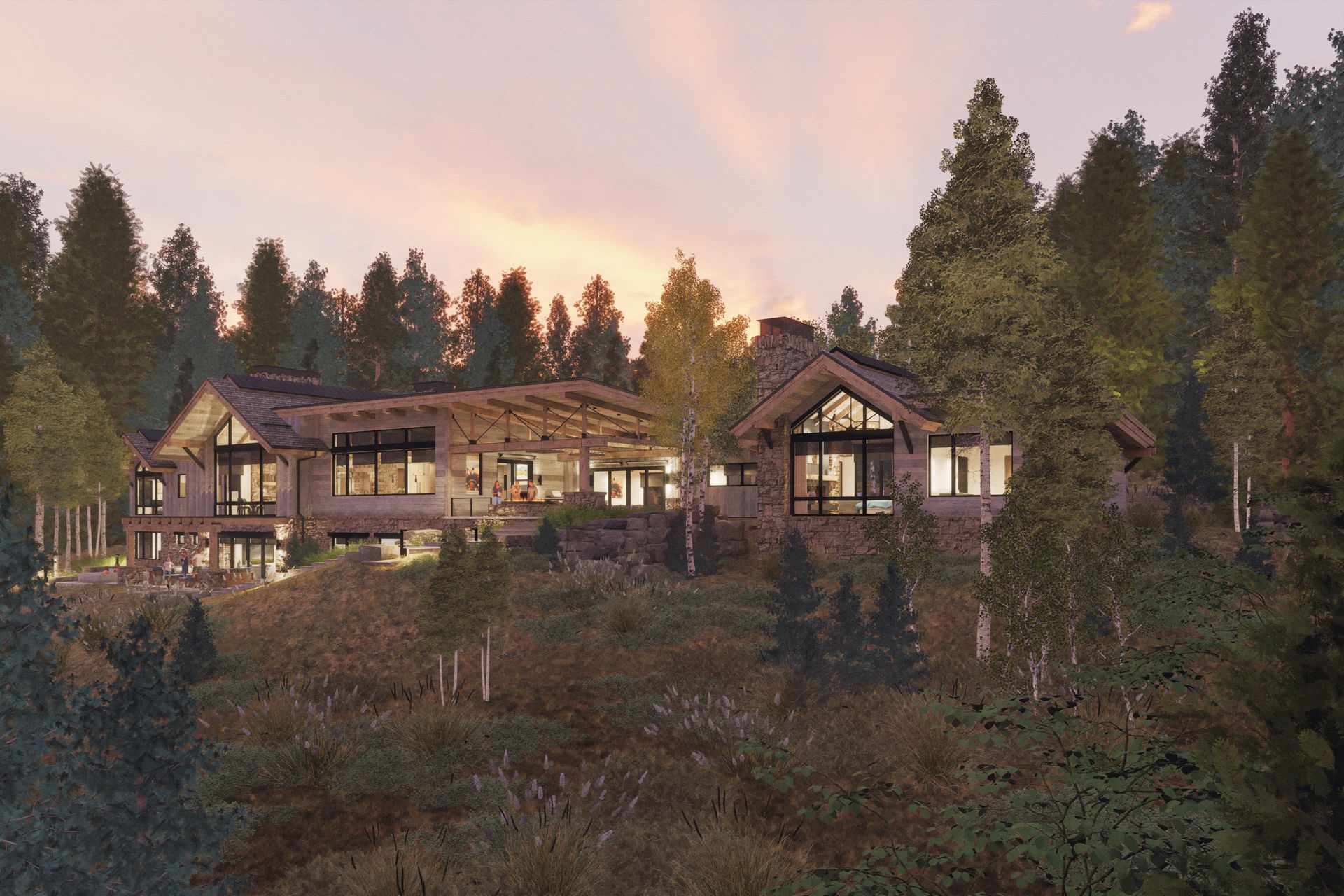 An artist 's impression of a large house in the middle of a forest