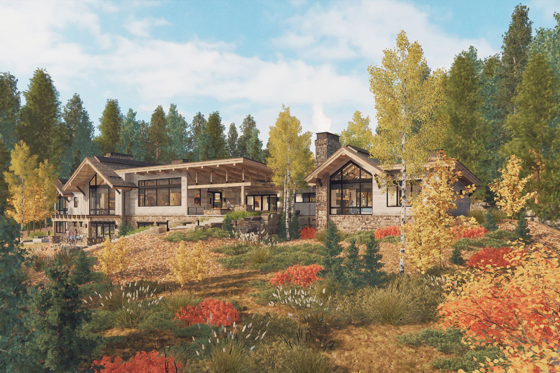 A large house sits on top of a hill surrounded by trees