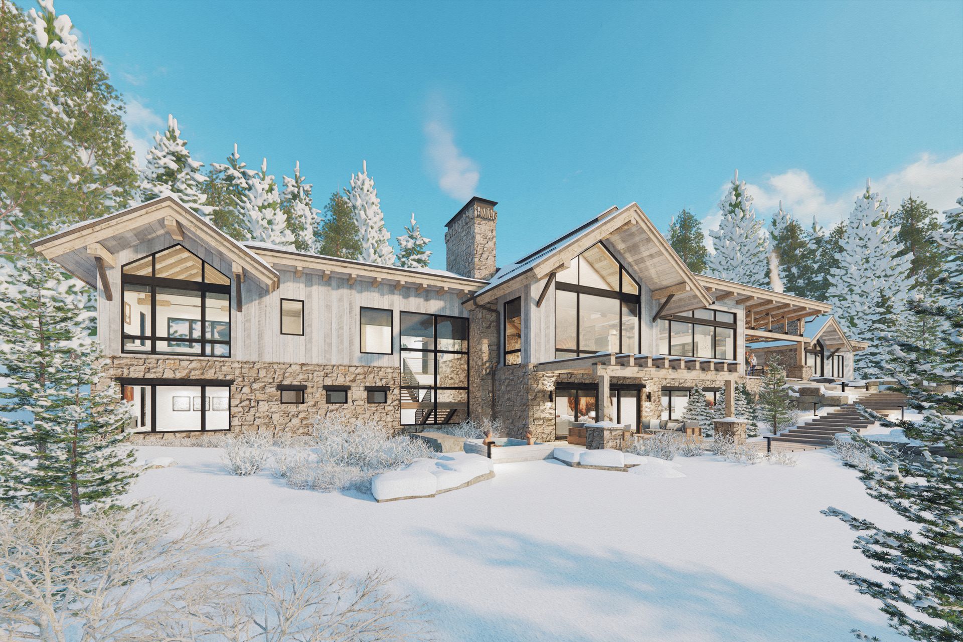 A large house with a lot of windows is surrounded by snow covered trees.