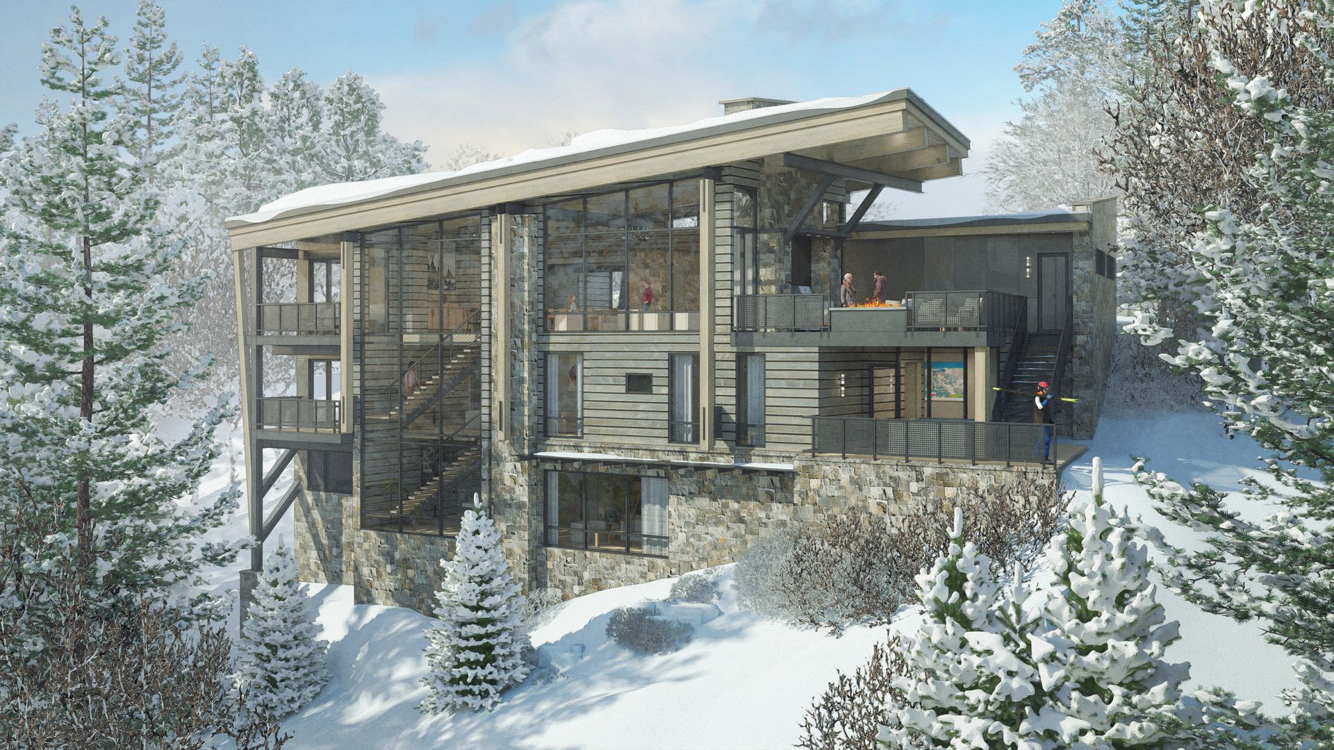 A large house is sitting on top of a snow covered hill surrounded by snow covered trees.