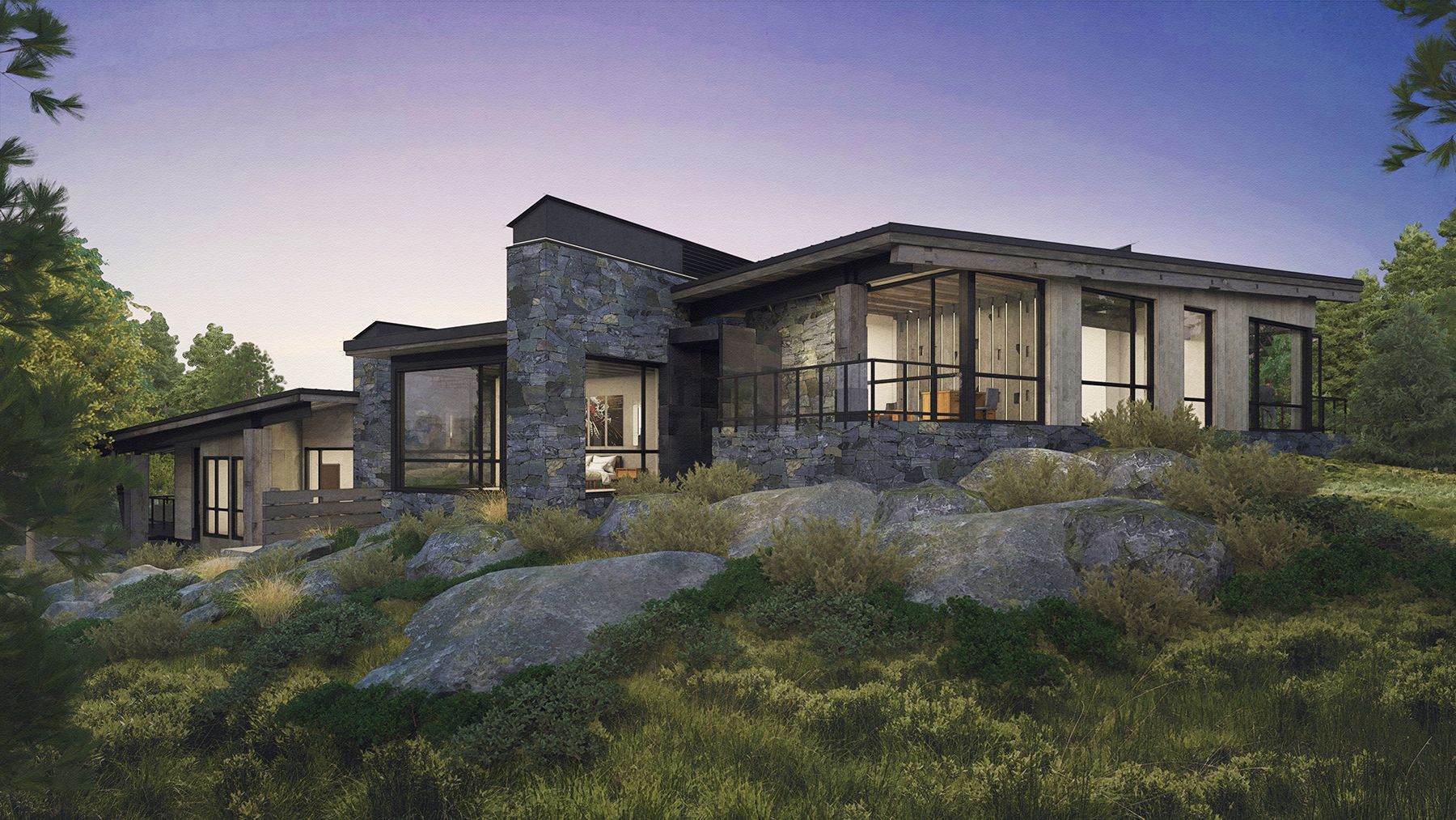 A large house is sitting on top of a hill surrounded by trees.