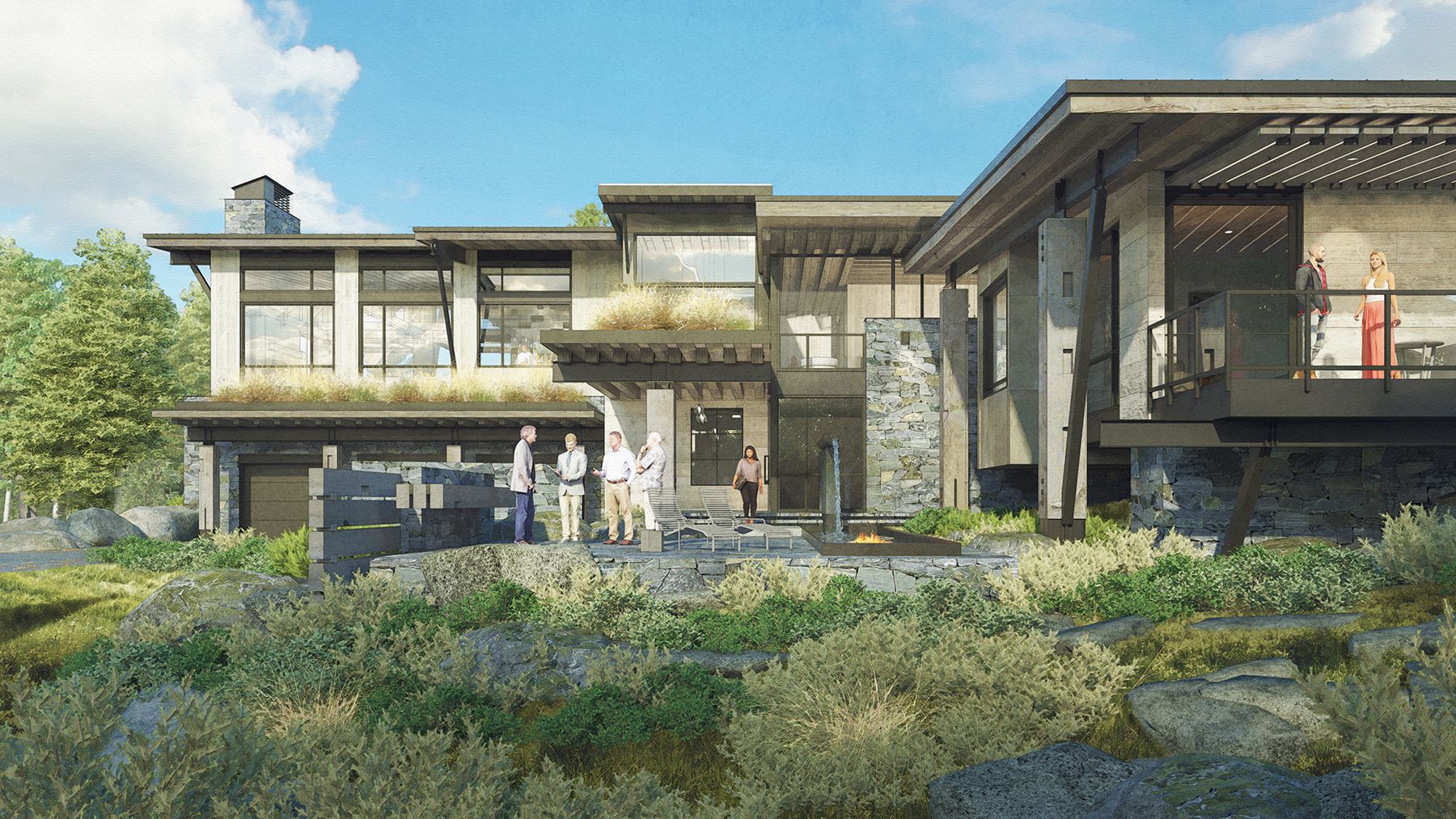 A group of people are standing in front of a large house.