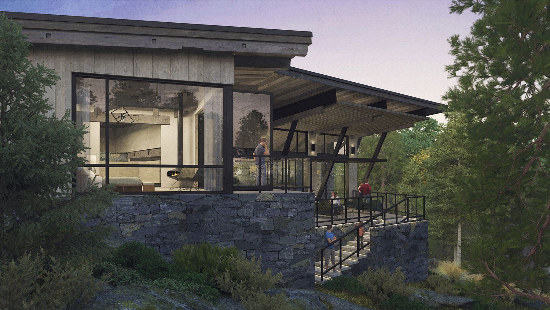 An artist 's impression of a modern house on a hill surrounded by trees.