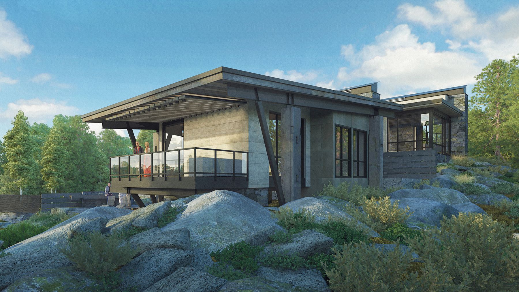 A house is sitting on top of a rocky hill surrounded by trees.