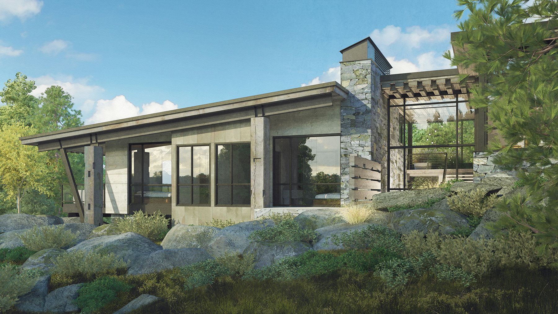 An artist 's impression of a house sitting on top of a rocky hill.