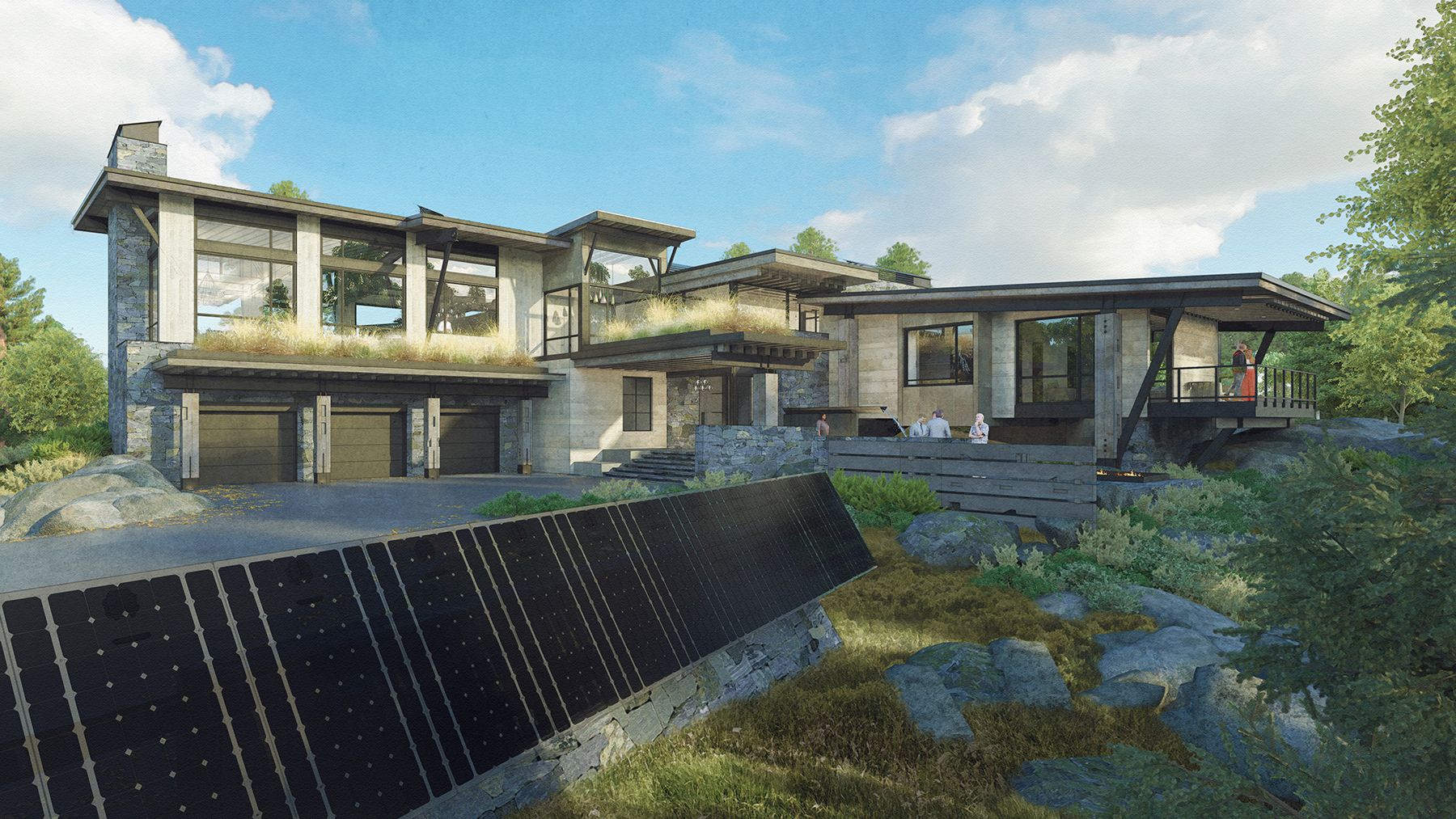 An artist 's impression of a large house with solar panels on the side of it.