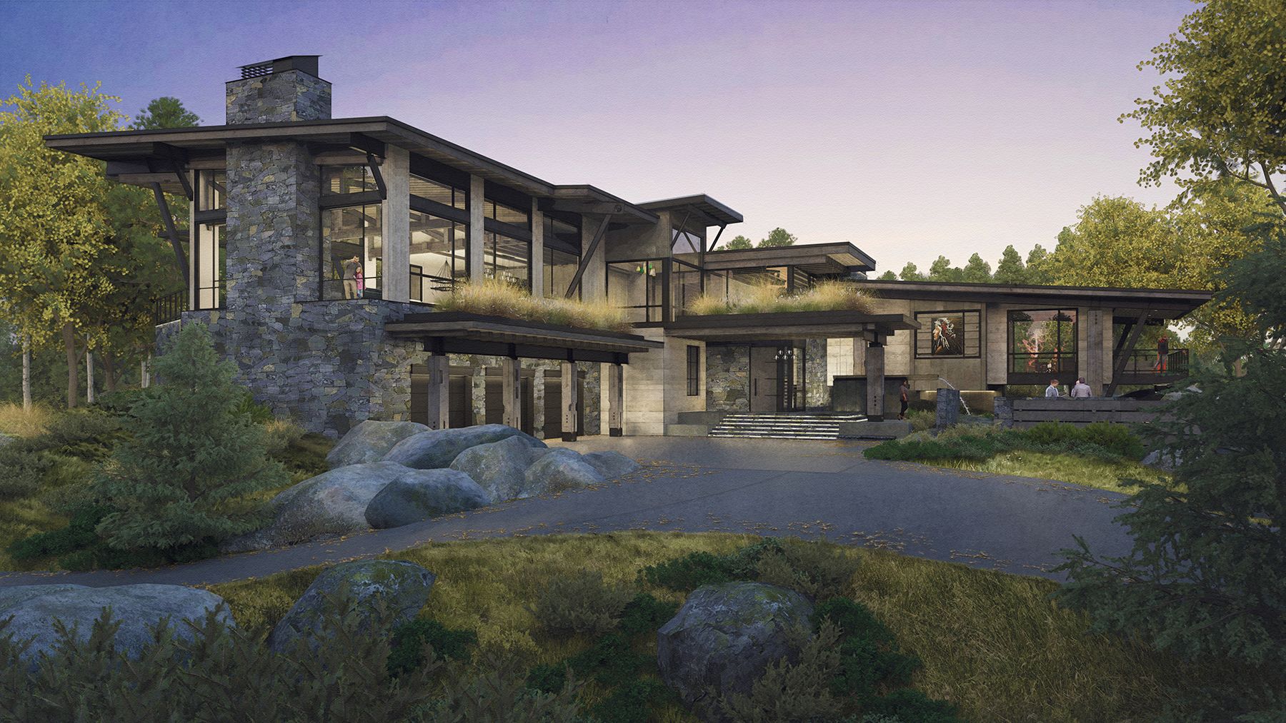 A large house with a lot of windows is surrounded by trees and grass.