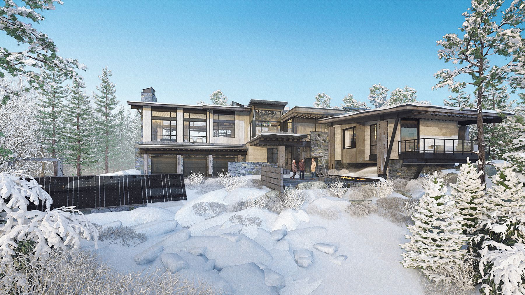 A large house is surrounded by snow covered trees.