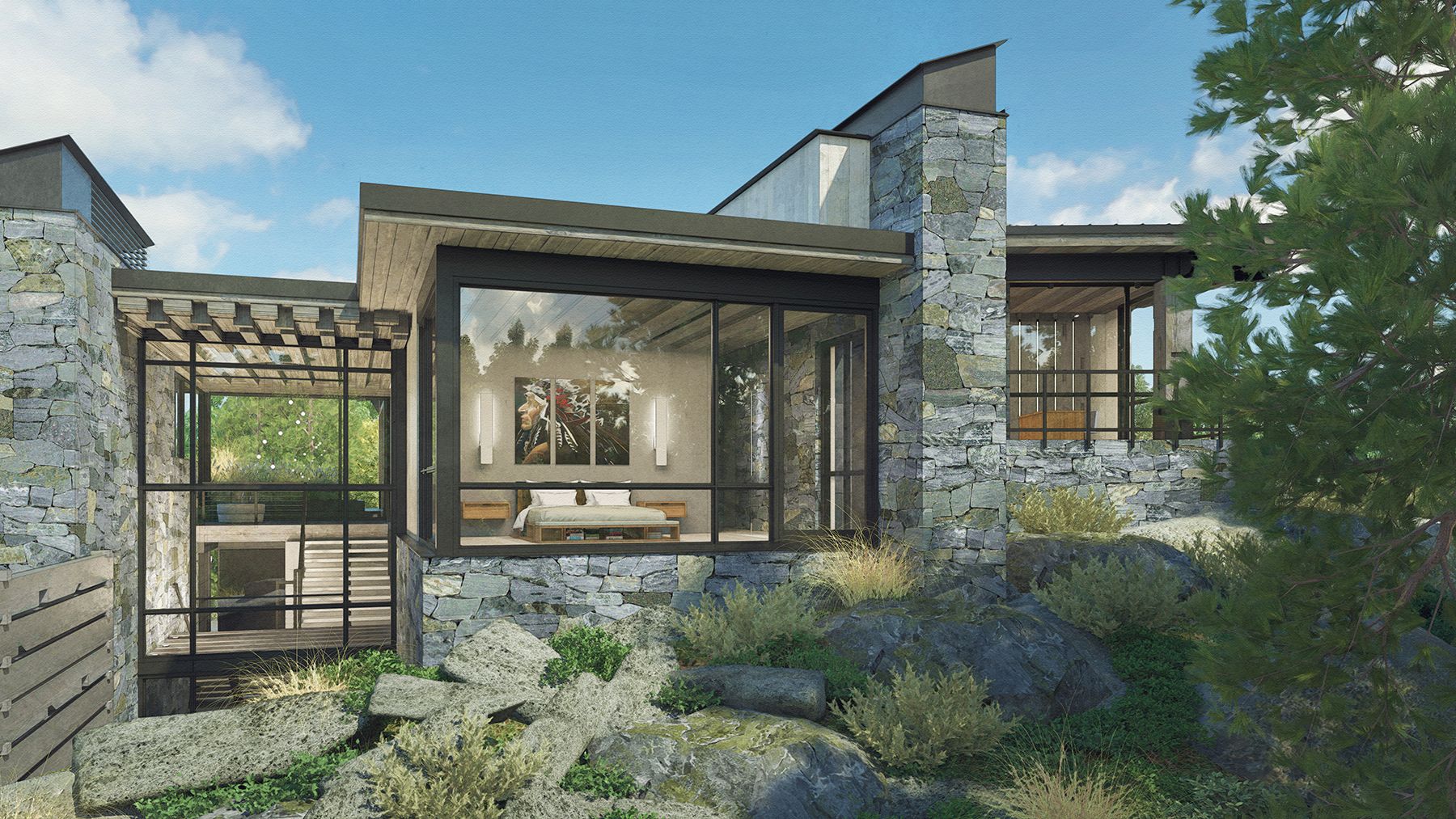 An artist 's impression of a modern stone house with a lot of windows