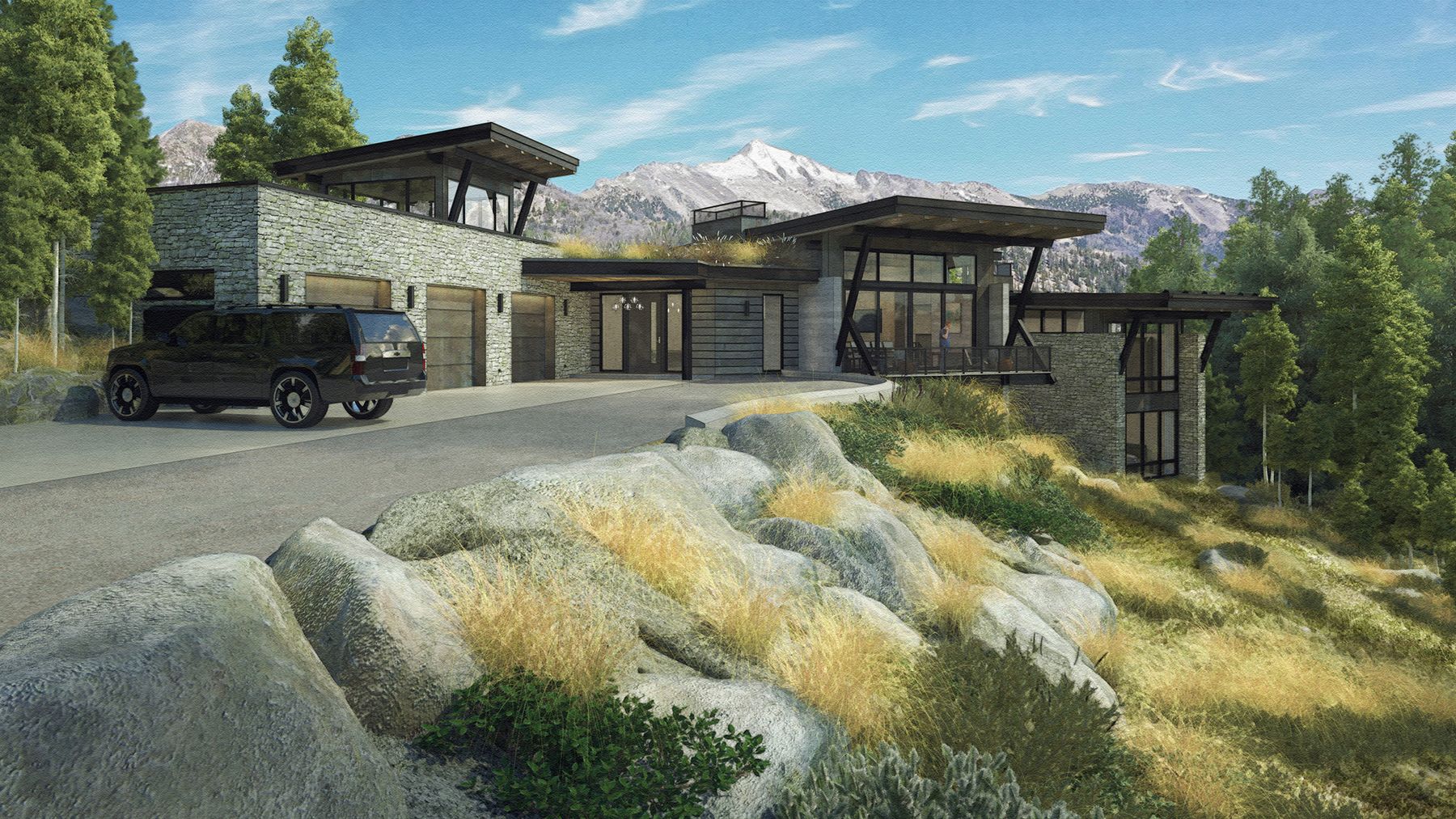 A car is parked in front of a large house on a hill.