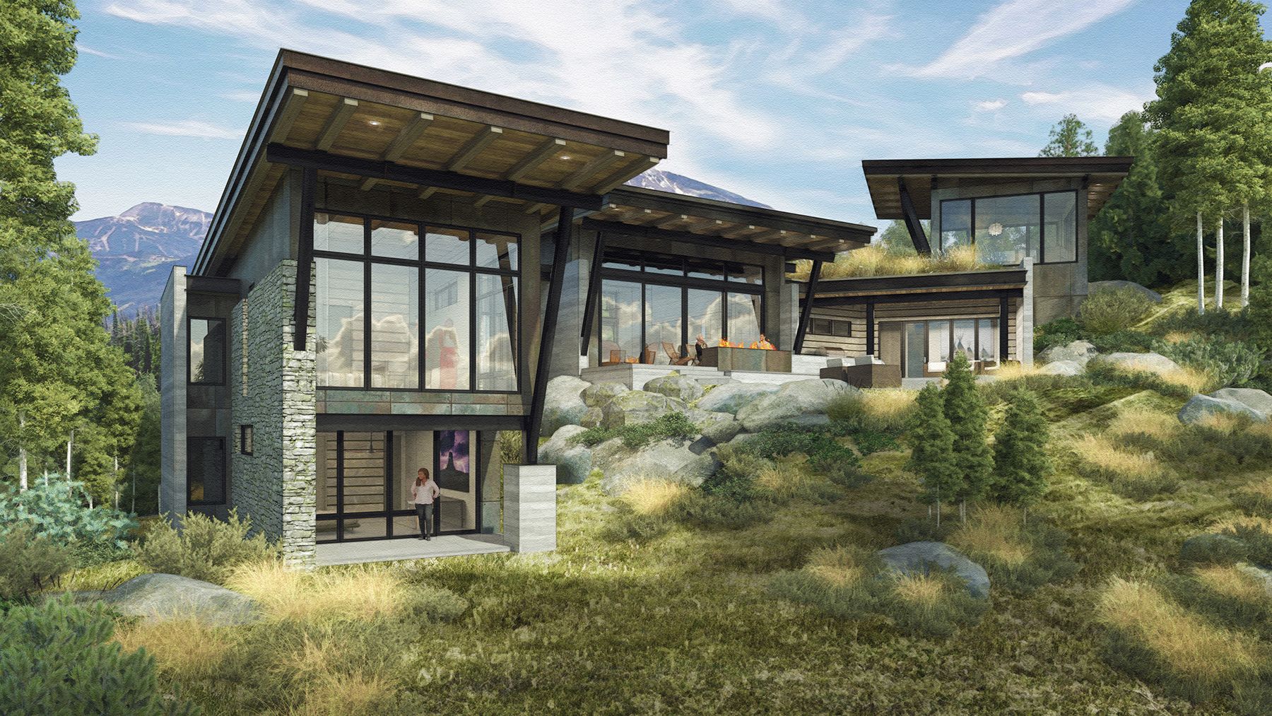 A large house with a lot of windows is sitting on top of a hill surrounded by trees.