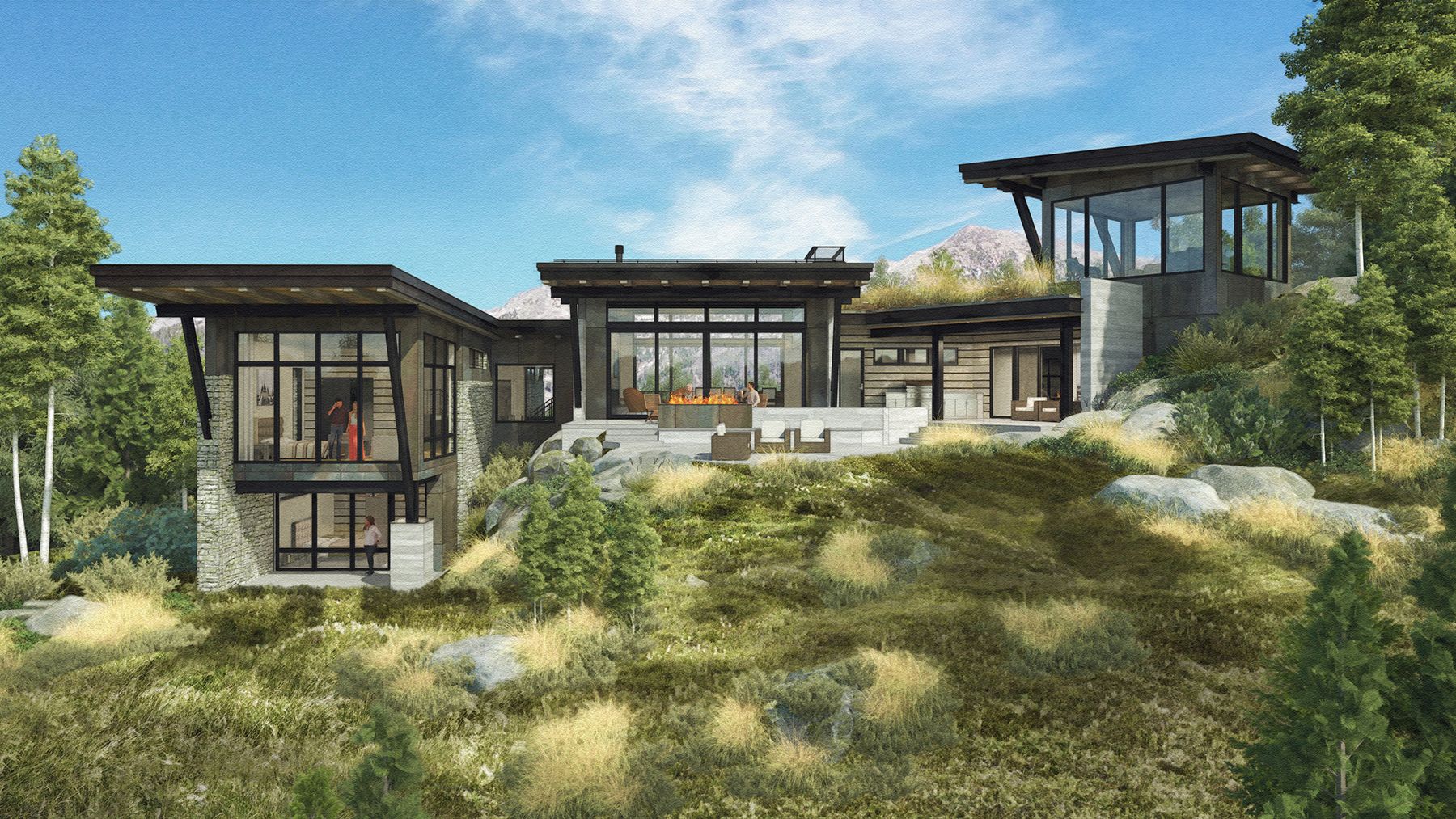 A large house is sitting on top of a hill surrounded by trees.