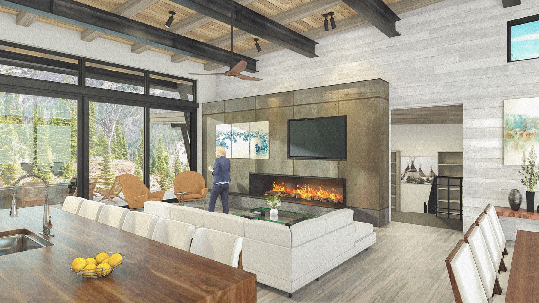 An artist 's impression of a living room and dining room in a house.