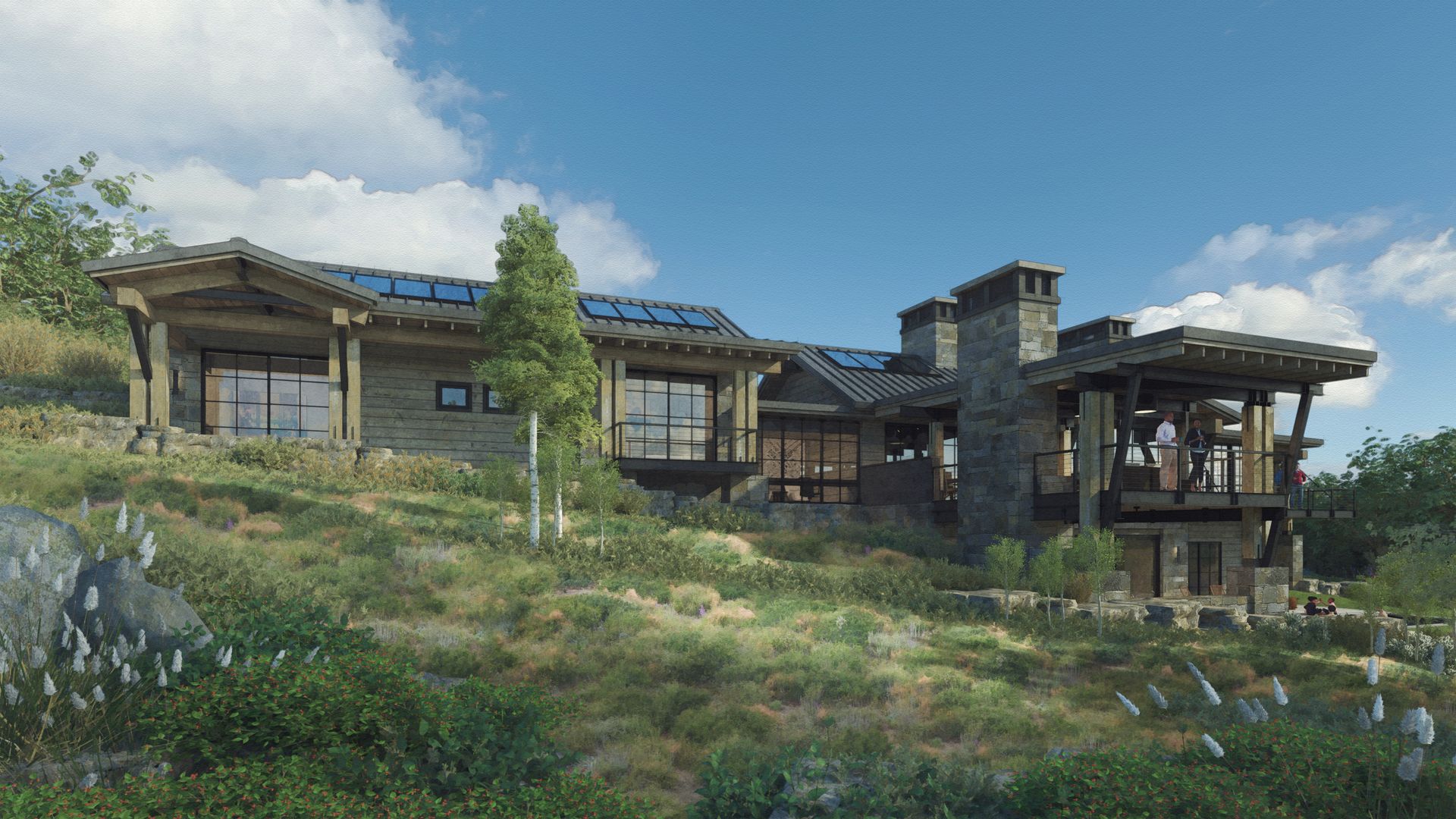 A large house is sitting on top of a grassy hill.