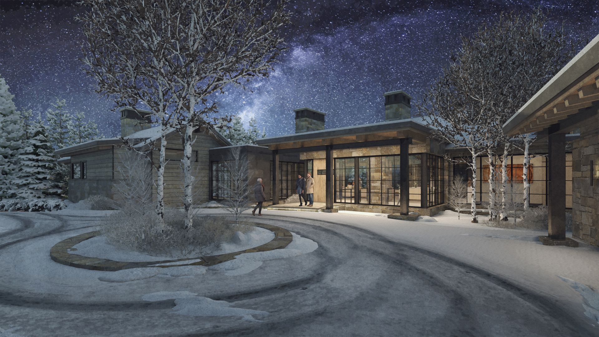 An artist 's impression of a house in the snow at night.