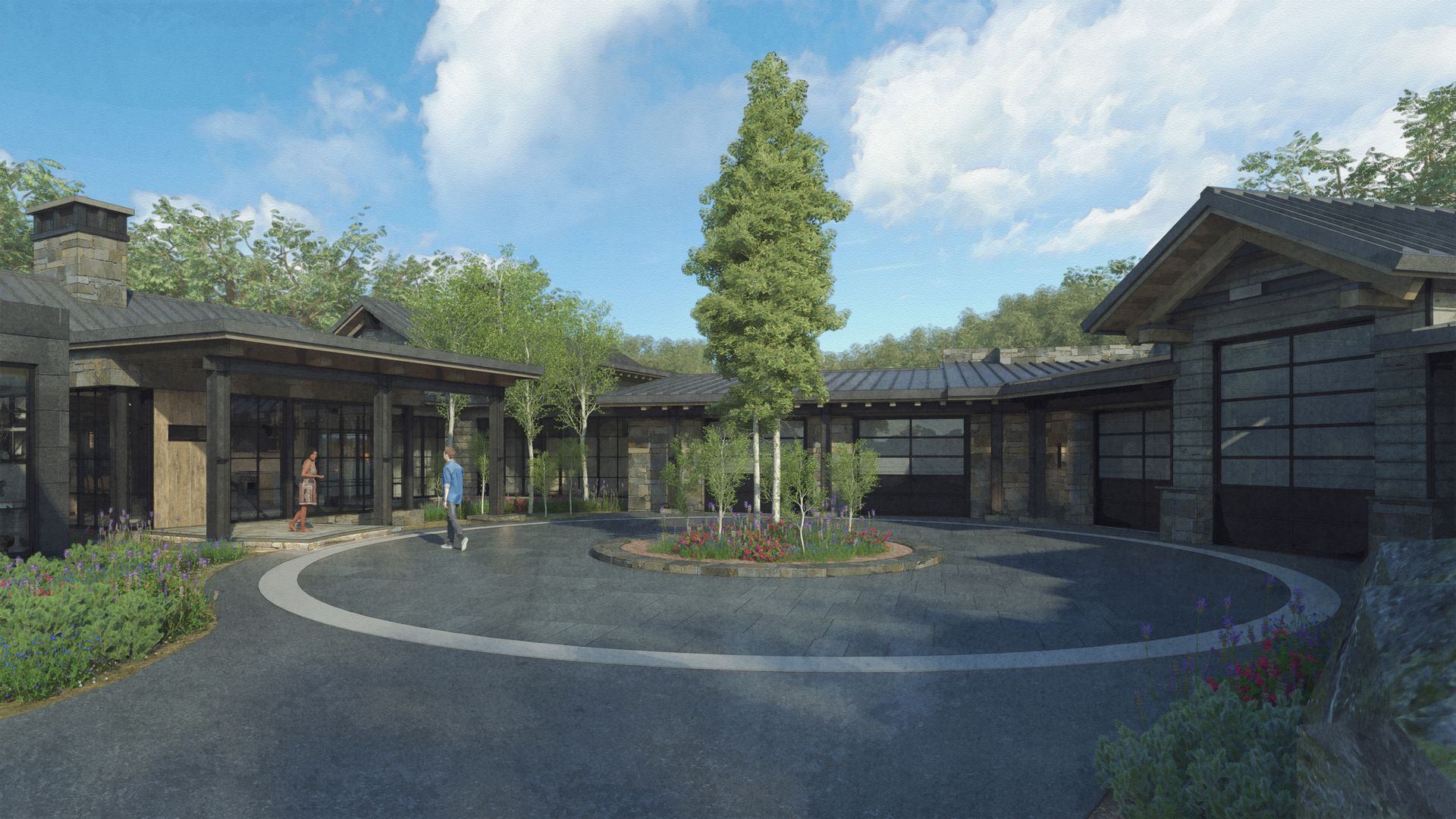 An artist 's impression of a large house with a circular driveway leading to it.