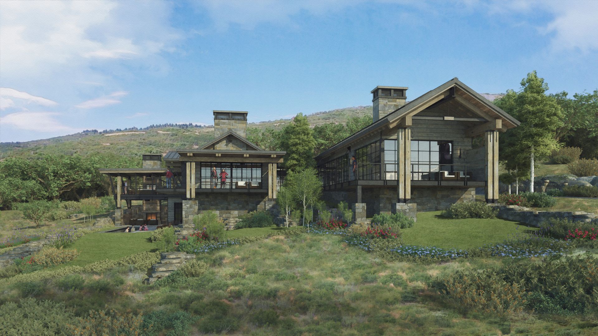 An artist 's impression of a large house in the middle of a grassy field.