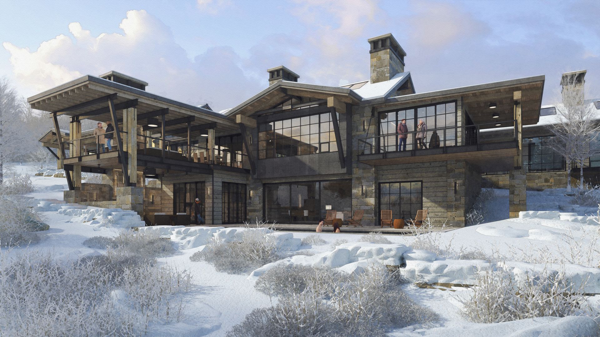 A large house is sitting in the middle of a snow covered field.