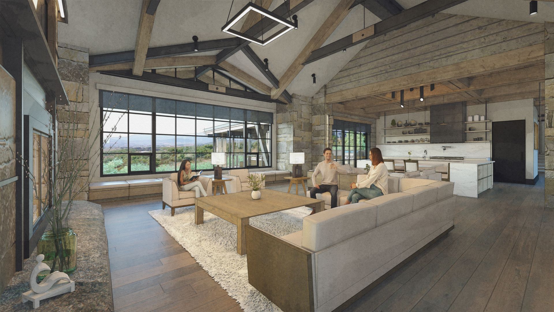 A couple of people are sitting on a couch in a living room.