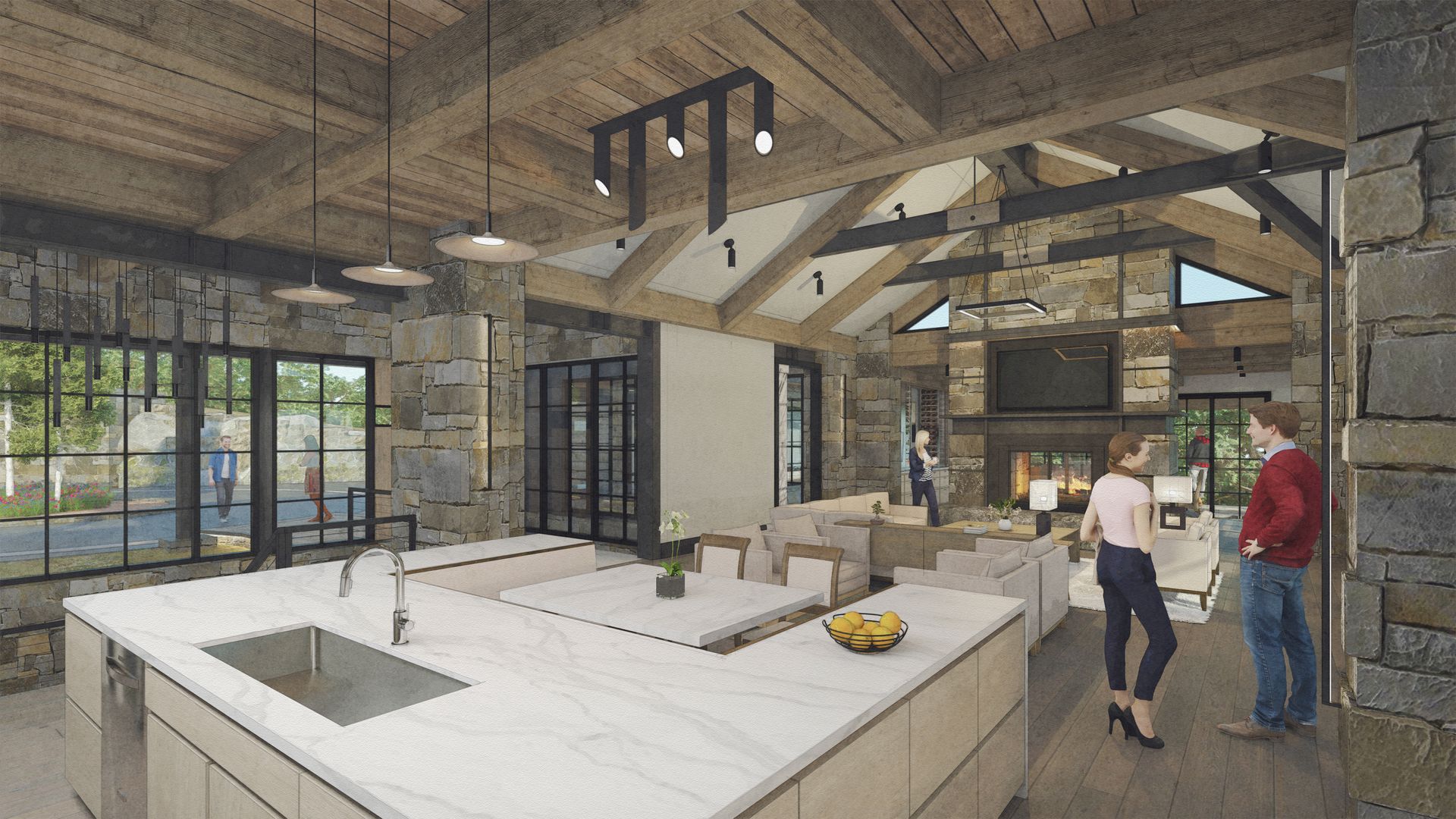 A man and a woman are standing in a kitchen in a house.