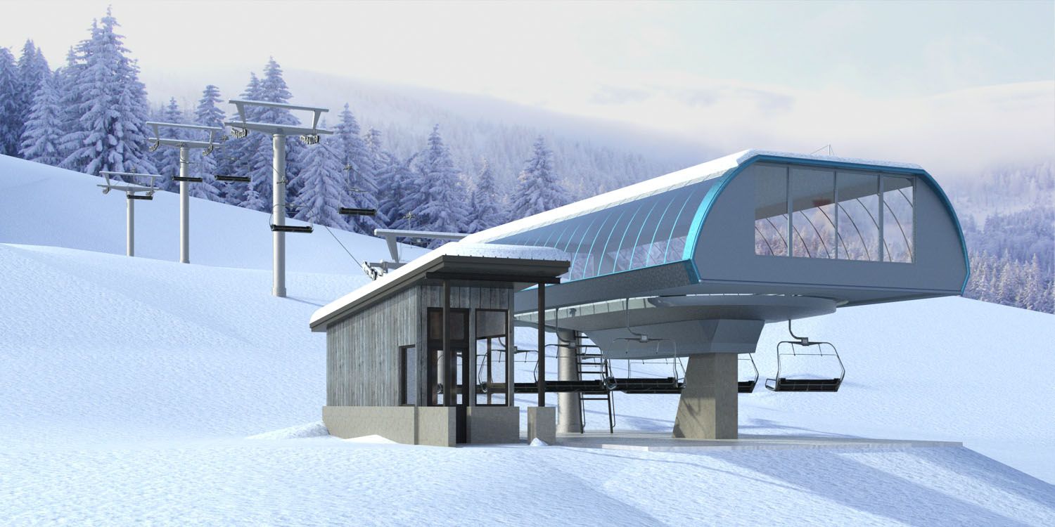 A ski lift is sitting on top of a snow covered mountain.