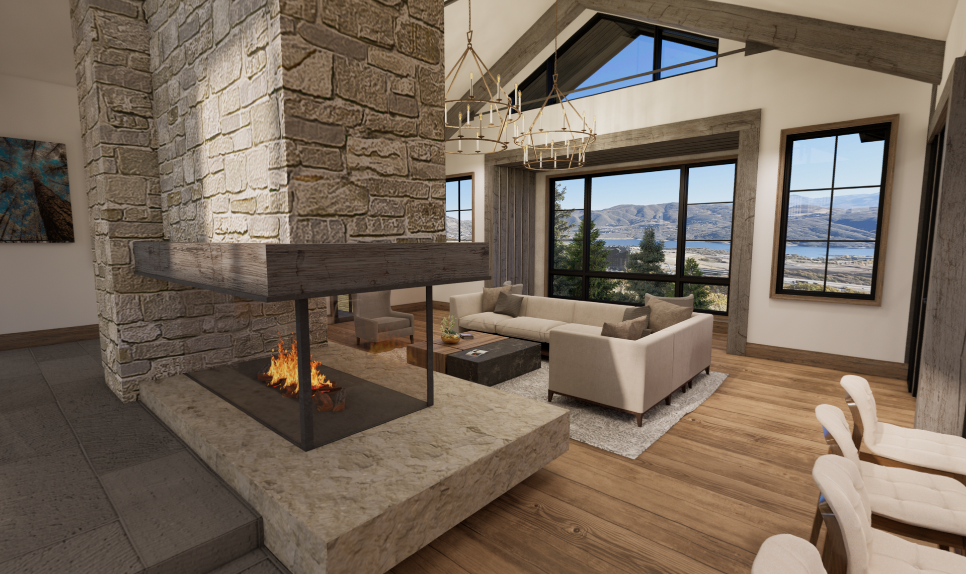 An artist 's impression of a living room with a fireplace and a couch.