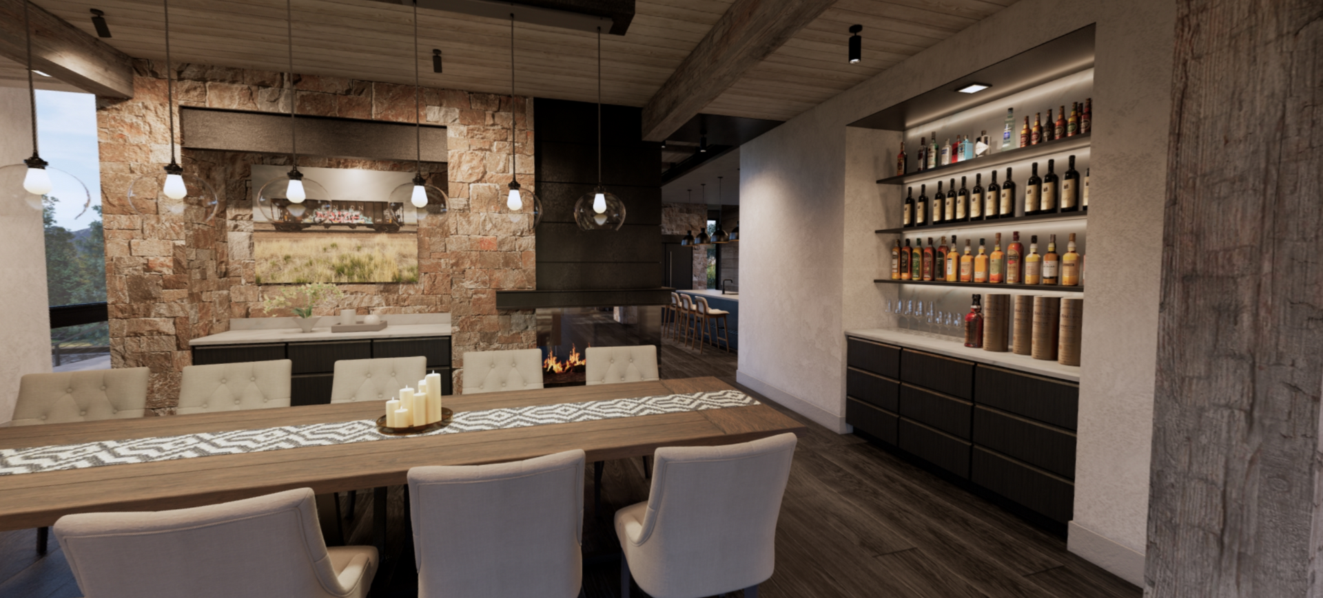 A dining room with a long table and chairs and a fireplace.