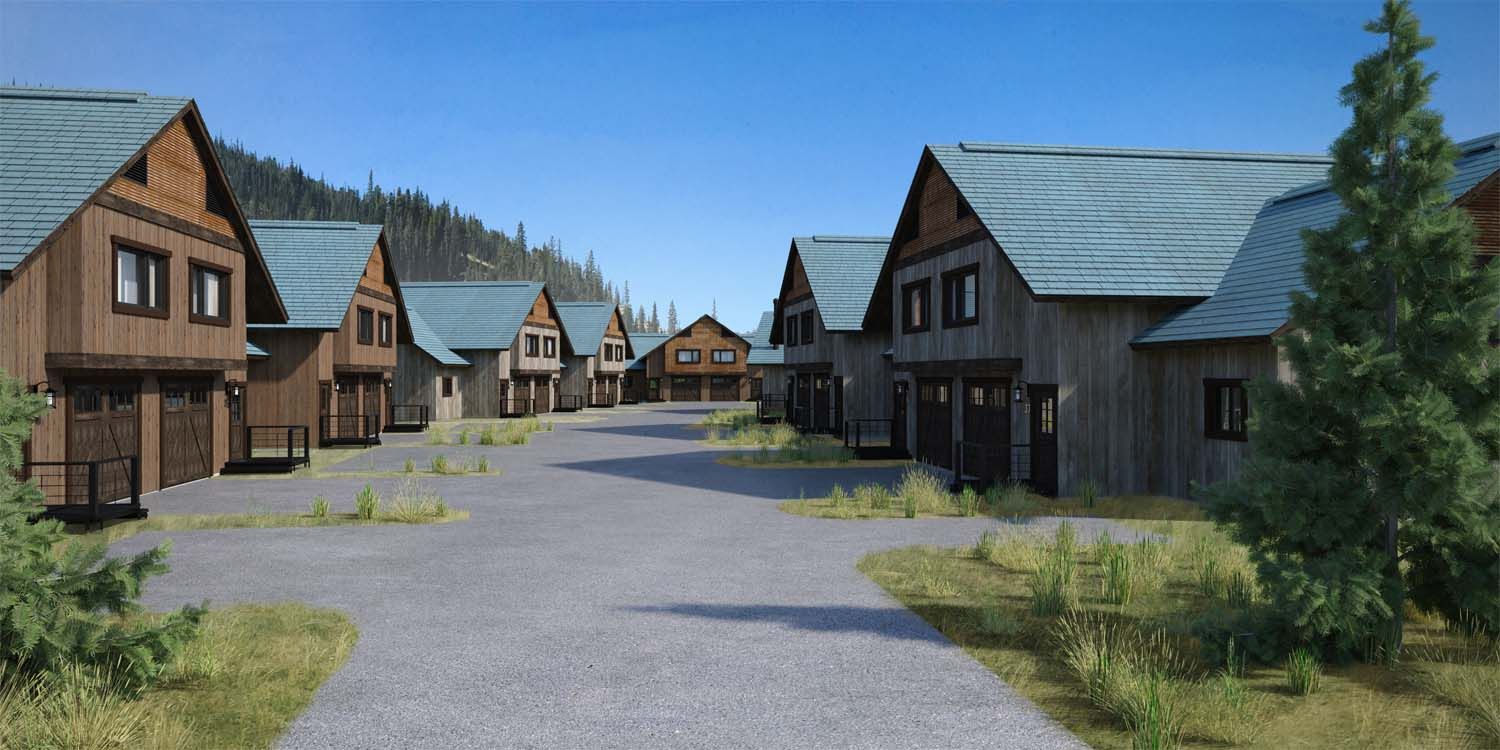 An artist 's impression of a row of houses with blue roofs