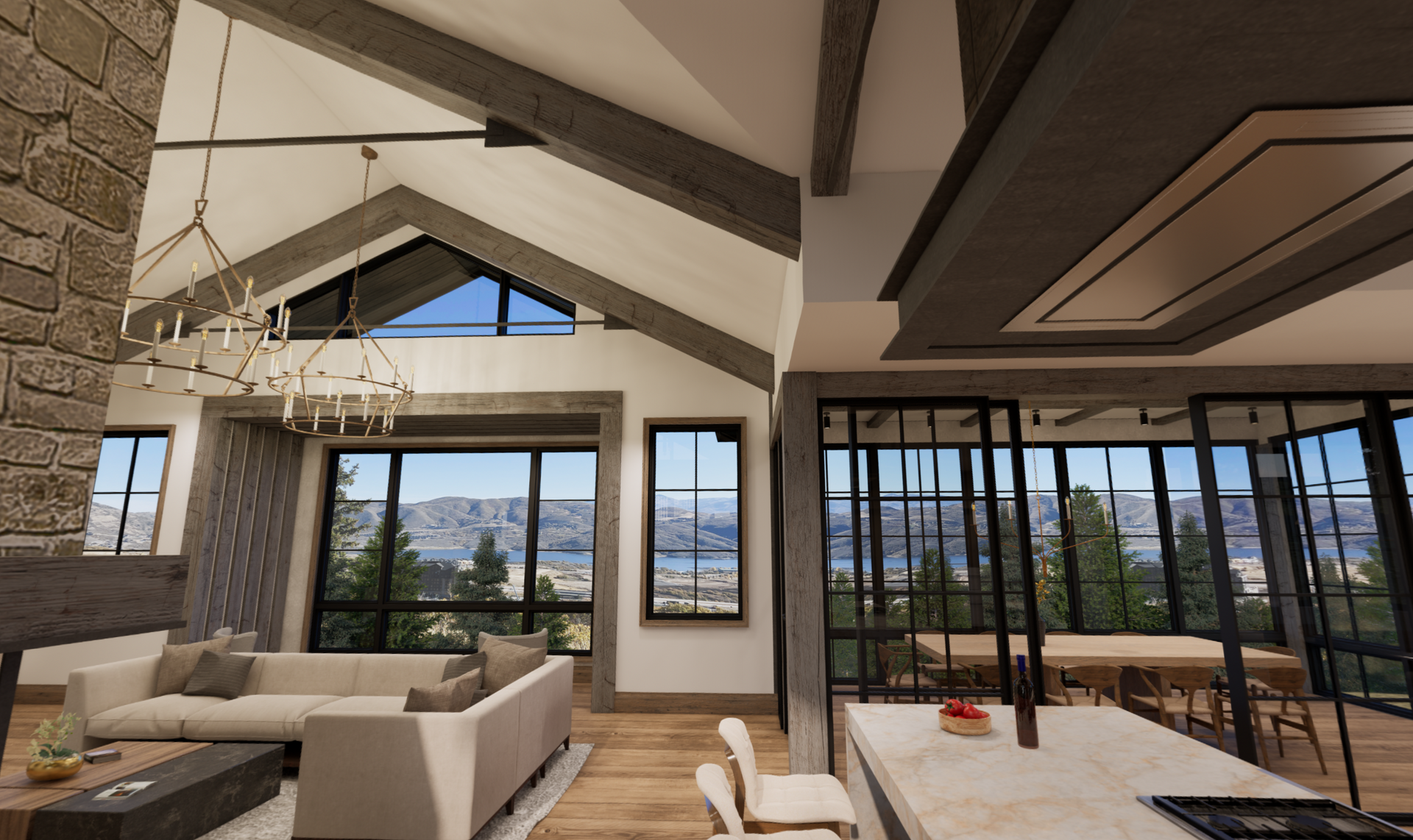 An artist 's impression of a living room and kitchen in a house.