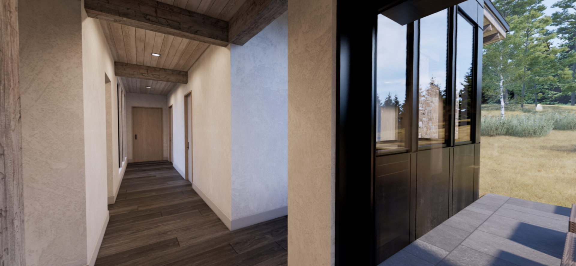 An artist 's impression of a hallway leading to a screened in porch.