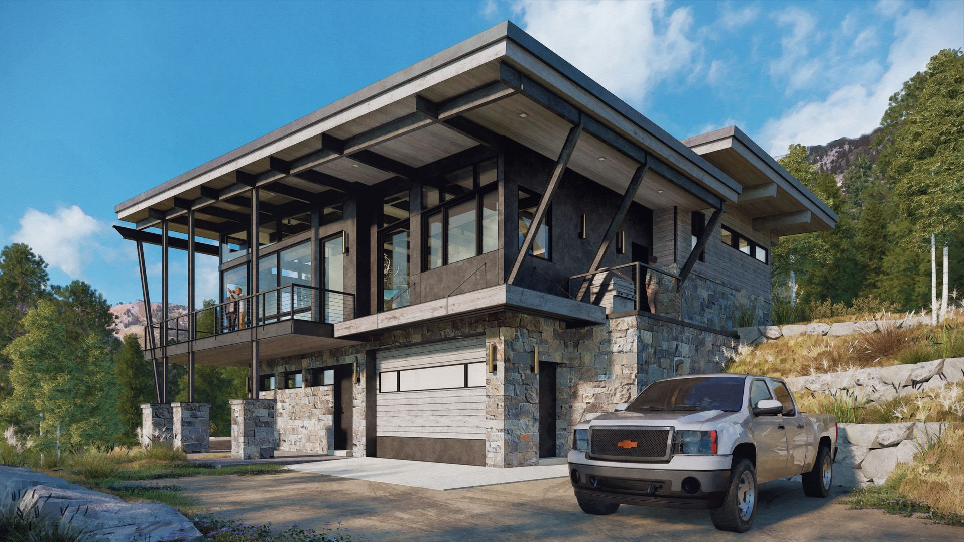 A truck is parked in front of a large house.