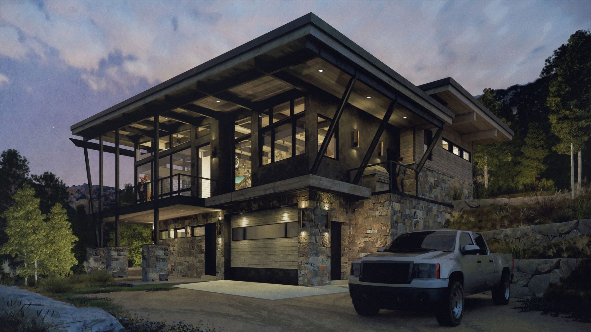 A truck is parked in front of a large house at night.