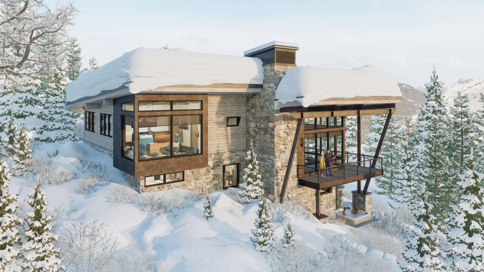 An aerial view of a house covered in snow surrounded by snow covered trees.