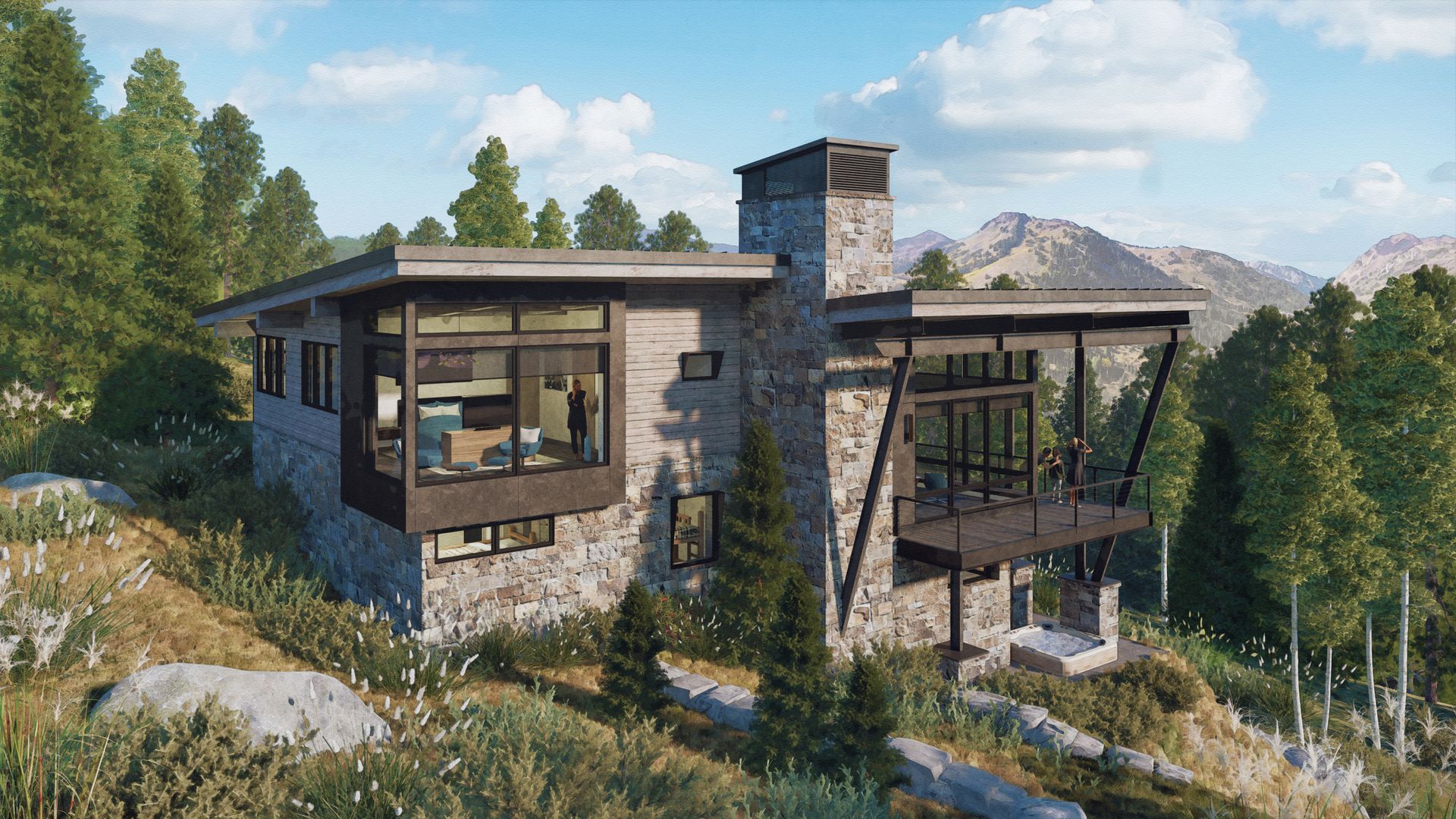 A large house is sitting on top of a hill in the middle of a forest.