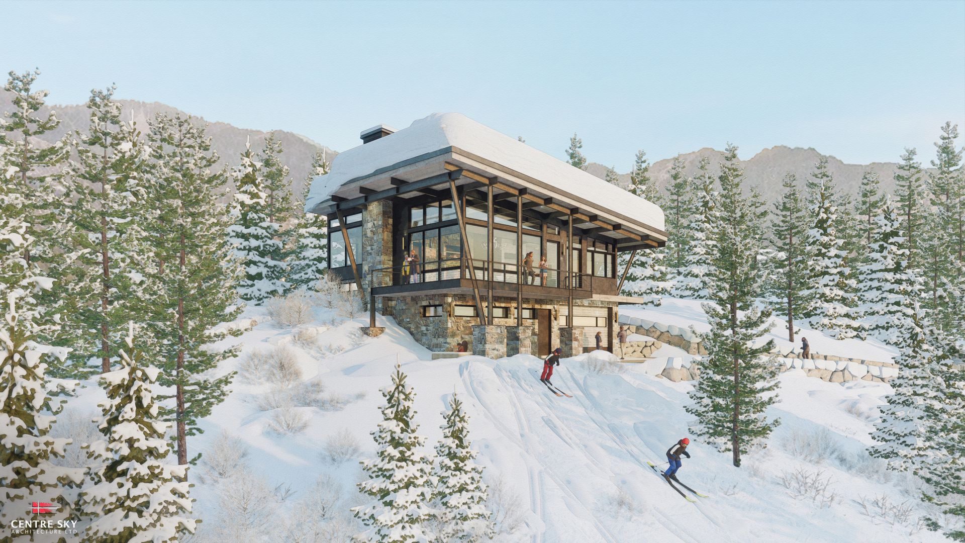 A group of people are skiing down a snow covered slope in front of a house.