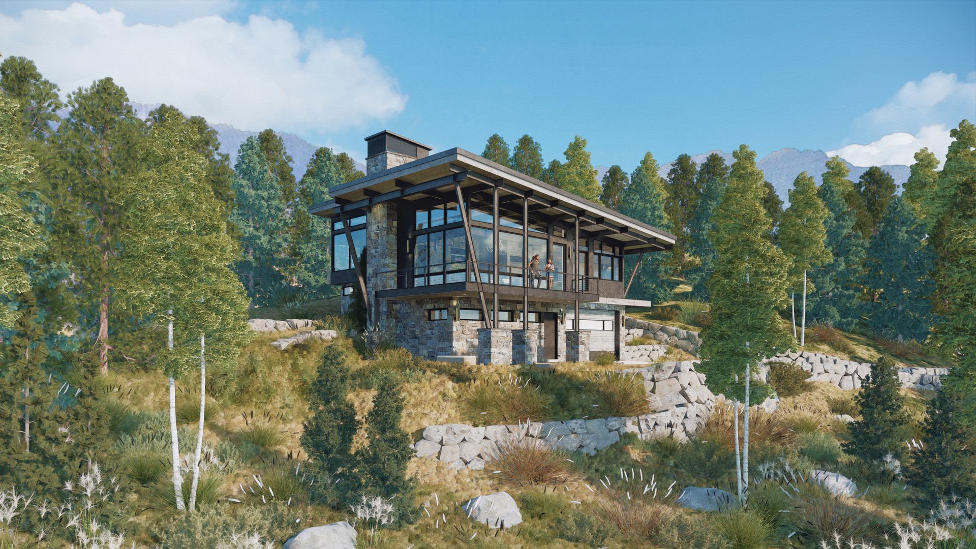 A house is sitting on top of a hill in the middle of a forest.