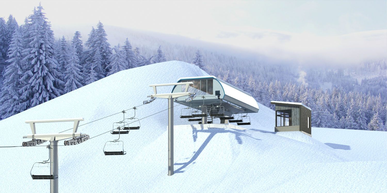 A ski lift is sitting on top of a snow covered mountain.