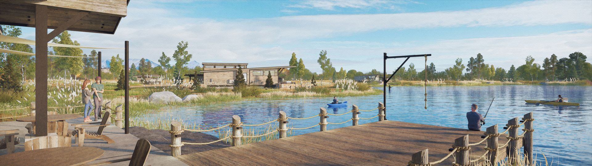 A man is sitting on a dock overlooking a lake.